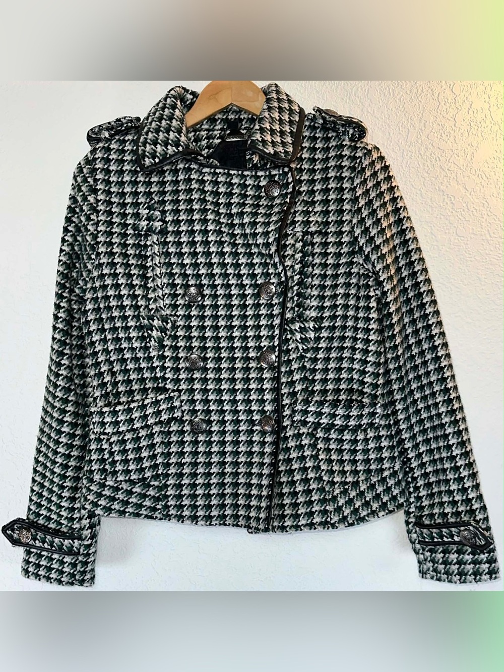 Jou Jou Green Blended Tweed Houndstooth Double-Breasted Pea Coat